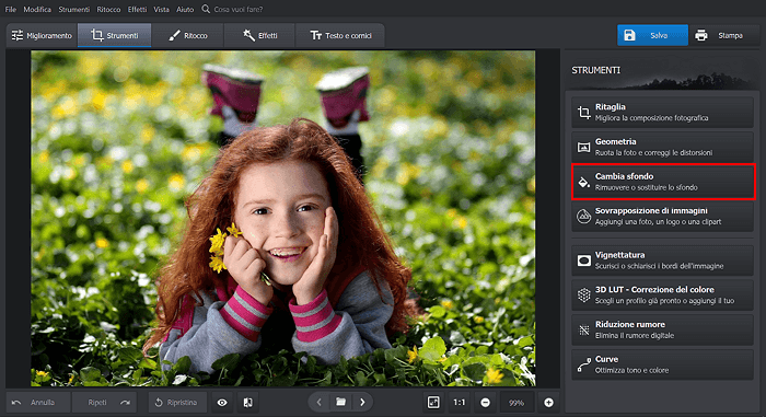 Importa la foto e scegli Cambia Sfondo